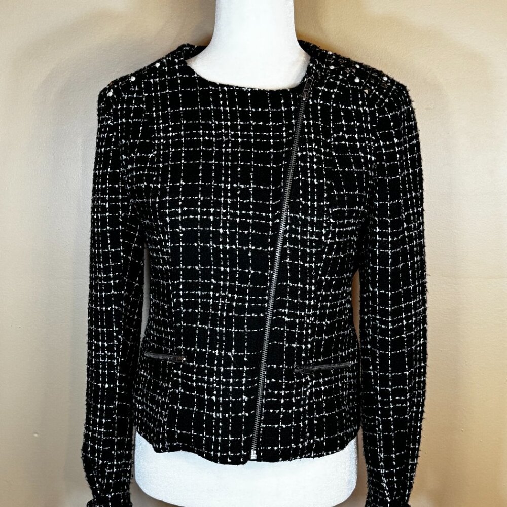 #143 Willow and Clay Embellished Zip Front Cropped Tweed Blazer, Size Small (?)